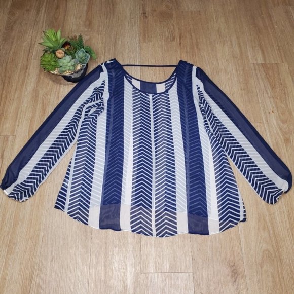 Charming Charlie Sheer Striped Top White Blue Blouse Oversized Nautical Preppy M - Picture 2 of 5